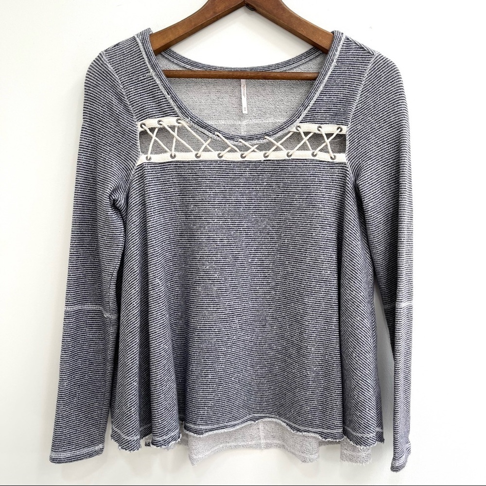 Free People Lacey Love Pullover Top Long Sleeve Blue White Stripe Size XS